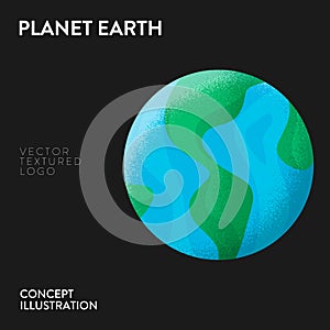 Earth globe logo. Vector concept illustration of blue and green earth globe icon. Earth sphere textured logo on dark backgroung