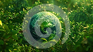 earth globe in a lush forest with trees and plants, green energy ecological and environmentalism concept