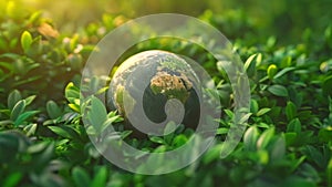 earth globe with lush forest with trees and plants, green renewable energy and environmentalism concept