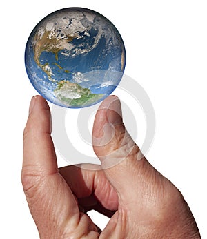 Earth globe lying on index finger and thumb as a marble sphere. The earth pinced between two fingers. Evironmental concept.