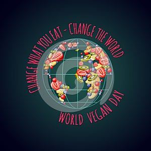 Earth globe made of fruits. Vector. Vegan day.