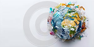 Earth globe made of trash on white background symbolizing environmental issues World Environment