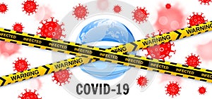 Earth globe in a medical mask with viruses and caution barrier tapes. Dangerous pandemic COVID-19 coronavirus outbreak. Vector