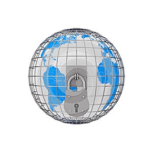Earth Globe in Metal Cage with Big Old Padlock. 3d Rendering