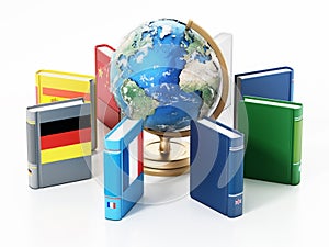 Earth globe model and dictionaries with various flags isolated on white background. 3D illustration