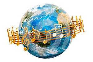 Earth Globe with musical notes around, 3D rendering