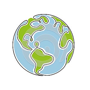 Earth globe in one continuous line drawing.Round World map in simple doodle style.Infographic territory geography