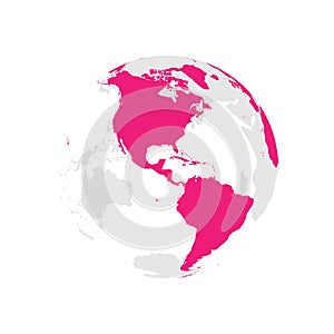 Earth globe with pink world map. Focused on Americas. Flat vector illustration