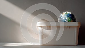 Earth globe placed on white storage box