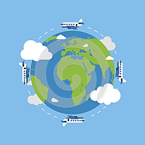 Earth globe with plane. Earth in flat style. Plane flying. Earth. Vector