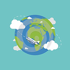 Earth globe with plane. Earth in flat style. Plane flying. Earth. Vector