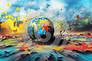 Earth globe planet in vibrant colorful paint explosion on abstract background