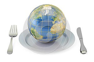 Earth globe on a plate with fork and knife. International cuisine concept, 3D rendering