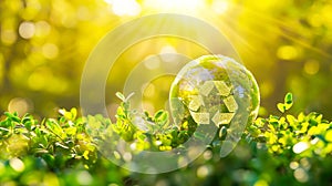 Earth globe and recycling sign in nature background