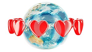 Earth globe with red hearts around, animation concept. 3D