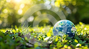 Earth globe resting on green grass, symbolizing global environmental awareness and natural harmony photo