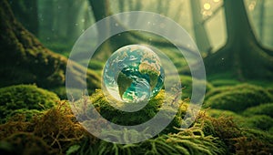 Earth globe resting on moss in a magical forest setting