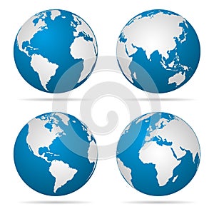 Earth globe revolved in four different stages with shadow. Vector illustration