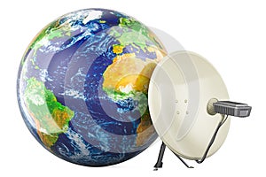 Earth Globe with satellite dish and satellite modem. Global Satellite Internet access concept. 3D rendering