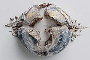 Earth globe sculpture crumbling, symbolizing environmental crisis and global destruction