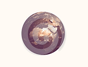 The Earth globe in sepia colour on white background. Continent Africa, Arabian Peninsula, Persian Gulf, Arabian Gulf silhouette.