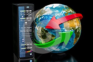 Earth Globe with server rack. Global network concept on black ba