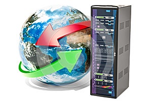 Earth Globe with server rack. Global network concept, 3D rendering