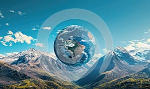 An Earth globe set against a mountain backdrop with a clear blue sky