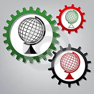 Earth Globe sign. Vector. Three connected gears with icons at gr