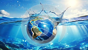 Earth Globe Sinking with Splashes in Sea Water - Generative Ai