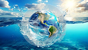 Earth Globe Sinking with Splashes in Sea Water - Generative Ai