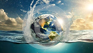 Earth Globe Sinking with Splashes in Sea Water - Generative Ai