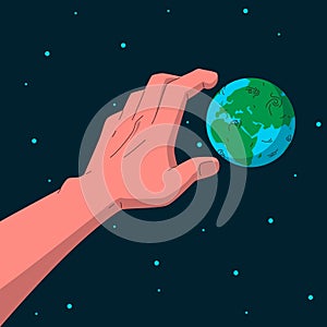 Earth globe in space and hand reaching out for it. Vector concept illustration of earth planet globe in dark space background and