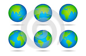 Earth globe. Sphere world map with continents on white background, globes from different angles, varios continents and photo