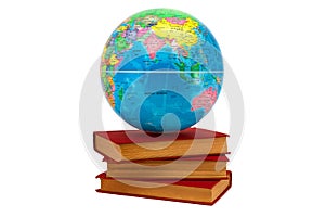 Earth globe on a stack of books showing Asia and Australia as a concept of knowledge. Books symbolize wisdom and knowledge that