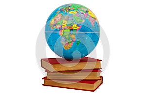 Earth globe on a stack of books where you can see Africa and Europe as a concept of knowledge. Books symbolize wisdom and