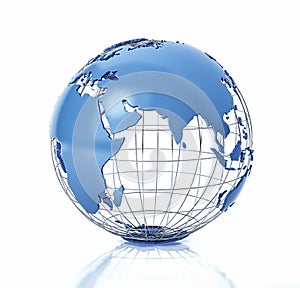 Earth globe stylized with metal grid. Asia view