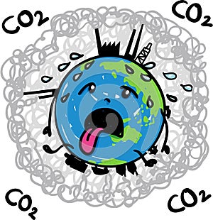 Earth globe suffering under global warming melting away in midst of carbon dioxide - hand drawn vector cartoon