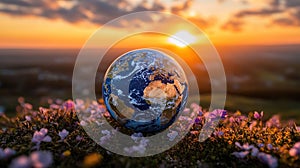Earth globe sunset landscape