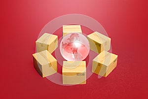 Earth globe surrounded by boxes. Global distribution business system for products and goods around the world. Shipping freight,