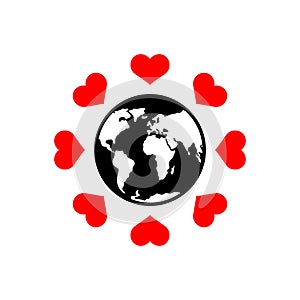 Earth globe surrounded by red hearts, symbolizing global romance, unity, and kindness