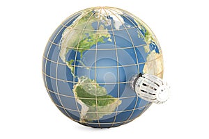 Earth globe with thermostatic radiator valve. Global warming con