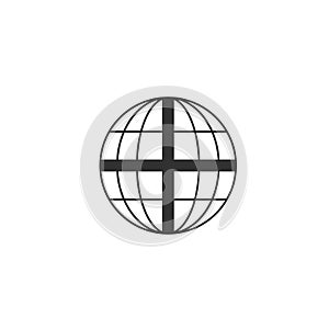 Earth, globe thin line icon with cross. Linear vector illustration. Pictogram isolated on white background