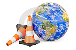 Earth Globe with traffic cones, 3D rendering