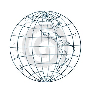 Earth globe vector illustration contour line art. World map doodle style. Planet with continents