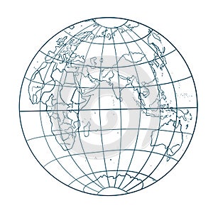 Earth globe vector illustration contour line art. World map doodle style. Planet with continents