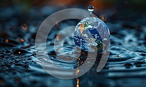 Earth globe in water drops reflection on water surface saving water concept
