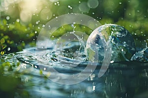 Earth globe with water splashes on green background, vitality