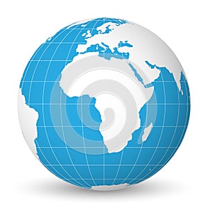 Earth globe with white world map and blue seas and oceans focused on Africa. With thin white meridians and parallels. 3D