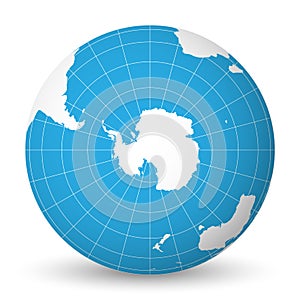 Earth globe with white world map and blue seas and oceans focused on Antarctica with South Pole. With thin white